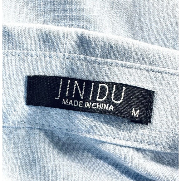 Jinidu Shirt S/S Light Blue Button Up w Pocket Linen Blend Men's size Medium - Picture 3 of 4